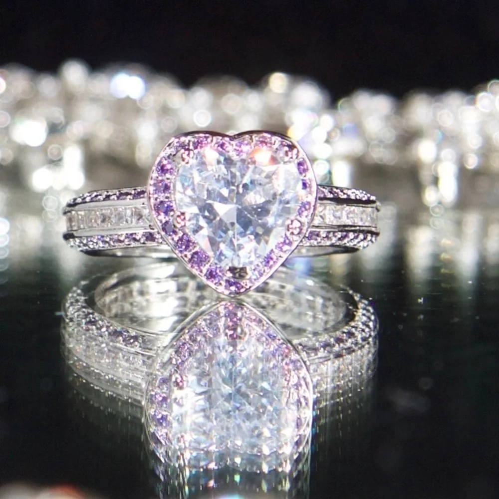 925 Princess Cut 3.8 CT Purple CZ Heart Ring